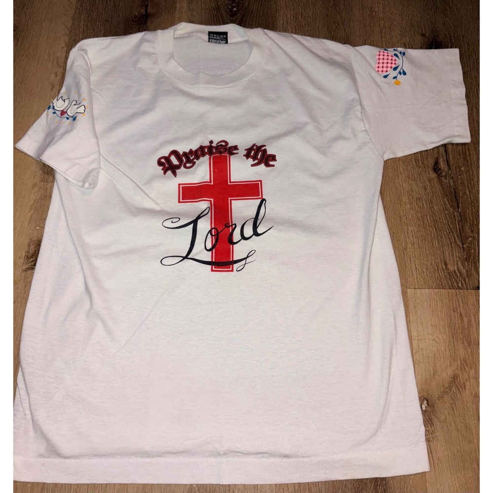 Vintage‎ Praise the Lord Cross T-Shirt White Large 90s Religious Small spot READ